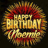 Golden 'Happy Birthday Noemie' text accompanied by animated rainbow fireworks for a festive animated greeting.
