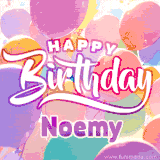 A vibrant name GIF featuring colorful balloons in shades of pink, orange, and yellow with the bold text 'Happy Birthday Noemy' in festive fonts, creating a lively birthday vibe.