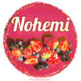Beautifully decorated red velvet berry birthday cake with vibrant fruits and a glowing 'Nohemi' name, adding a touch of sweetness and sparkle.