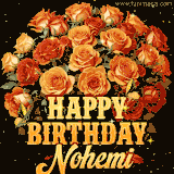Animated bouquet of orange roses with moving butterfles and golden 'Happy Birthday Nohemi' text, surrounded by sparkling accents and a dark backdrop for a luxurious feel.