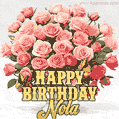 Birthday wishes to Nola with a charming GIF featuring pink roses, butterflies and golden quote