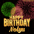 Wishing You A Happy Birthday, Nolyn! Best fireworks GIF animated greeting card.