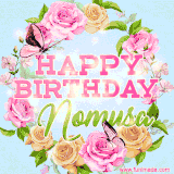 A charming animated GIF featuring 'Happy Birthday Nomusa' in pink and green text, surrounded by delicate roses, leaves, and fluttering butterflies on a soft light blue pastel background.