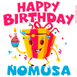 A vibrant and funny gift box character with a happy face dancing with a cupcake and the text 'Happy Birthday Nomusa,' surrounded by animated confetti and party vibes.