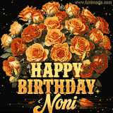 Animated bouquet of orange roses with moving butterfles and golden 'Happy Birthday Noni' text, surrounded by sparkling accents and a dark backdrop for a luxurious feel.