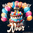Hand-drawn happy birthday cake adorned with an arch of colorful balloons - name GIF for Noor