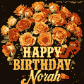Beautiful bouquet of orange and red roses for Norah, golden inscription and twinkling stars