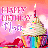 A vibrant birthday GIF featuring a rainbow-colored cupcake topped with white frosting, sprinkles, and a lit candle. The text reads 'Happy Birthday Nour' in bold pink and violet letters with white outline.
