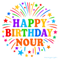 Happy Birthday Nour' GIF with rainbow-colored letters, colorful stars, and fireworks on white background.