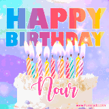 A vibrant animated name GIF with the words 'Happy Birthday Nour' with colorful candles on a creamy cake. The background sparkles with pastel shades, adding a festive touch.