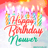 Bright birthday candles with rainbow flames on a cake, alongside the text 'Happy Birthday Nouver' in vibrant script in this celebratory animated GIF.