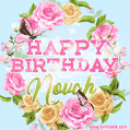 A charming animated GIF featuring 'Happy Birthday Novah' in pink and green text, surrounded by delicate roses, leaves, and fluttering butterflies on a soft light blue pastel background.