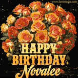 Animated bouquet of orange roses with moving butterfles and golden 'Happy Birthday Novalee' text, surrounded by sparkling accents and a dark backdrop for a luxurious feel.