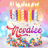 A cheerful white birthday cake with multicolor sprinkles, lit candles, and 'Novalee' written in vibrant letters, in an animated GIF.