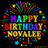 Personalized greeting card with name, colorful text that says 'Happy Birthday Novalee' surrounded by animated fireworks and multicolor stars