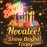 Happy Birthday Novalee animated GIF displaying a chocolate drip cake decorated with multicolored frosting and lit candles.