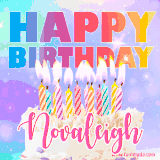 A vibrant animated name GIF with the words 'Happy Birthday Novaleigh' with colorful candles on a creamy cake. The background sparkles with pastel shades, adding a festive touch.