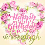A stunning heart made of pink roses surrounds the elegant script text 'Happy Birthday Novaleigh' on a soft beige background. Animated sparkles add a magical and festive feel.