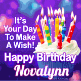 A colorful birthday GIF for Novalynn featuring a cupcake with vibrant lit candles and the text 'It's Your Day to Make a Wish! Happy Birthday Novalynn' in bold letters on a festive purple background.