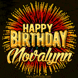 Golden 'Happy Birthday Novalynn' text accompanied by animated rainbow fireworks for a festive animated greeting.