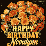 Animated bouquet of orange roses with moving butterfles and golden 'Happy Birthday Novalynn' text, surrounded by sparkling accents and a dark backdrop for a luxurious feel.