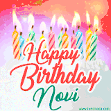 Bright birthday candles with rainbow flames on a cake, alongside the text 'Happy Birthday Novi' in vibrant script in this celebratory animated GIF.
