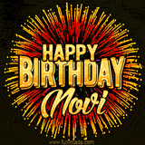 Golden 'Happy Birthday Novi' text accompanied by animated rainbow fireworks for a festive animated greeting.