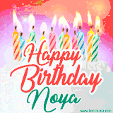 Bright birthday candles with rainbow flames on a cake, alongside the text 'Happy Birthday Noya' in vibrant script in this celebratory animated GIF.
