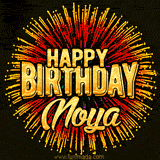 Golden 'Happy Birthday Noya' text accompanied by animated rainbow fireworks for a festive animated greeting.