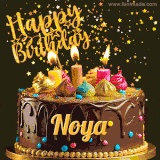 A delightful chocolate birthday cake with bright candles and 'Happy Birthday Noya' written in gold amidst a shower of animated stars.