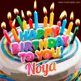 A colorful birthday cake topped with lit candles, with the words 'Happy Birthday Noya' in bold glowing letters on a burgundy background. Animated flames add a festive touch.