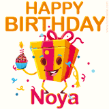 A vibrant and funny gift box character with a happy face dancing with a cupcake and the text 'Happy Birthday Noya,' surrounded by animated confetti and party vibes.