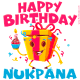A vibrant and funny gift box character with a happy face dancing with a cupcake and the text 'Happy Birthday Nukpana,' surrounded by animated confetti and party vibes.
