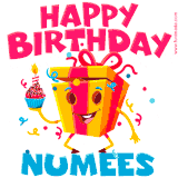 A vibrant and funny gift box character with a happy face dancing with a cupcake and the text 'Happy Birthday Numees,' surrounded by animated confetti and party vibes.