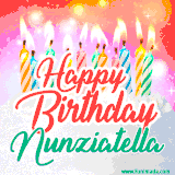 Bright birthday candles with rainbow flames on a cake, alongside the text 'Happy Birthday Nunziatella' in vibrant script in this celebratory animated GIF.