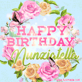 A charming animated GIF featuring 'Happy Birthday Nunziatella' in pink and green text, surrounded by delicate roses, leaves, and fluttering butterflies on a soft light blue pastel background.