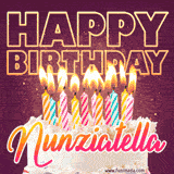 A colorful birthday cake topped with lit candles, with the words 'Happy Birthday Nunziatella' in bold glowing letters on a burgundy background. Animated flames add a festive touch.