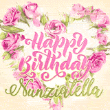 A stunning heart made of pink roses surrounds the elegant script text 'Happy Birthday Nunziatella' on a soft beige background. Animated sparkles add a magical and festive feel.