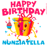 A vibrant and funny gift box character with a happy face dancing with a cupcake and the text 'Happy Birthday Nunziatella,' surrounded by animated confetti and party vibes.