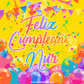 A bright and festive GIF with the text 'Feliz Cumpleaños Nur' in Spanish in colorful fonts, surrounded by confetti, balloons, and festive banners on a vibrant yellow background.