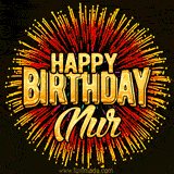 Golden 'Happy Birthday Nur' text accompanied by animated rainbow fireworks for a festive animated greeting.