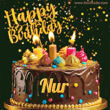 A delightful chocolate birthday cake with bright candles and 'Happy Birthday Nur' written in gold amidst a shower of animated stars.