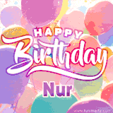 A vibrant name GIF featuring colorful balloons in shades of pink, orange, and yellow with the bold text 'Happy Birthday Nur' in festive fonts, creating a lively birthday vibe.
