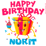 A vibrant and funny gift box character with a happy face dancing with a cupcake and the text 'Happy Birthday Nurit,' surrounded by animated confetti and party vibes.
