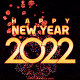 An elegant animated GIF with golden Happy New Year 2022 text and an exciting fireworks display.