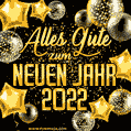 2022: Alles Gute zum neuen Jahr! Goldenes Konfetti und glänzende Sterne.