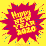 Lively and energetic, this animated GIF features a vibrant explosion-style 'Happy New Year 2019' message with a colorful comic-book theme.