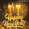 Happy new year! Champagne and animated gold falling stars (gif).