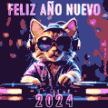 GIF y video con música del gato DJ alegre - Feliz año nuevo 2024