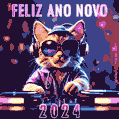 Gato DJ animado deseja um Feliz Ano Novo 2024 com música e diversão contagiantes!